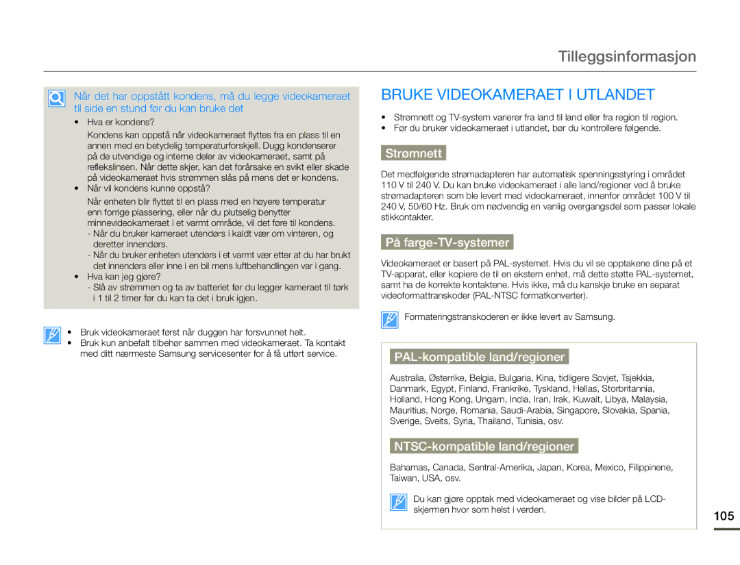 Samsung HMX-Q10TP/EDC, HMX-Q10PP/EDC, HMX-Q10BP/EDC manual Tilleggsinformasjon, Bruke Videokameraet I Utlandet 