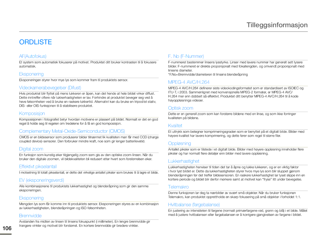 Samsung HMX-Q10PP/EDC, HMX-Q10TP/EDC, HMX-Q10BP/EDC manual Ordliste, 106 