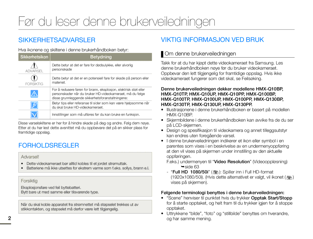 Samsung HMX-Q10BP/EDC, HMX-Q10TP/EDC manual Før du leser denne brukerveiledningen, Sikkerhetsadvarsler, Forholdsregler 