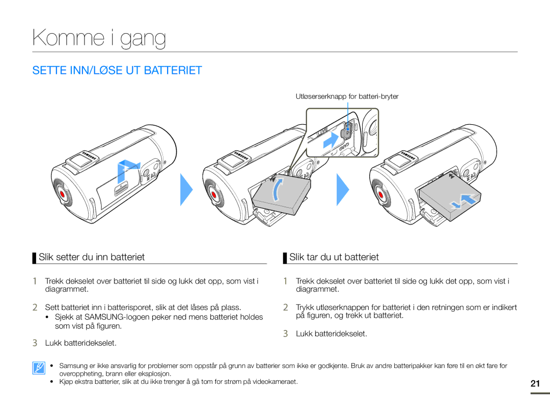 Samsung HMX-Q10TP/EDC Komme i gang, Sette INN/LØSE UT Batteriet, Slik setter du inn batteriet, Slik tar du ut batteriet 