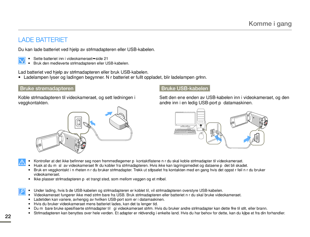 Samsung HMX-Q10PP/EDC, HMX-Q10TP/EDC, HMX-Q10BP/EDC Komme i gang, Lade Batteriet, Bruke strømadapteren Bruke USB-kabelen 