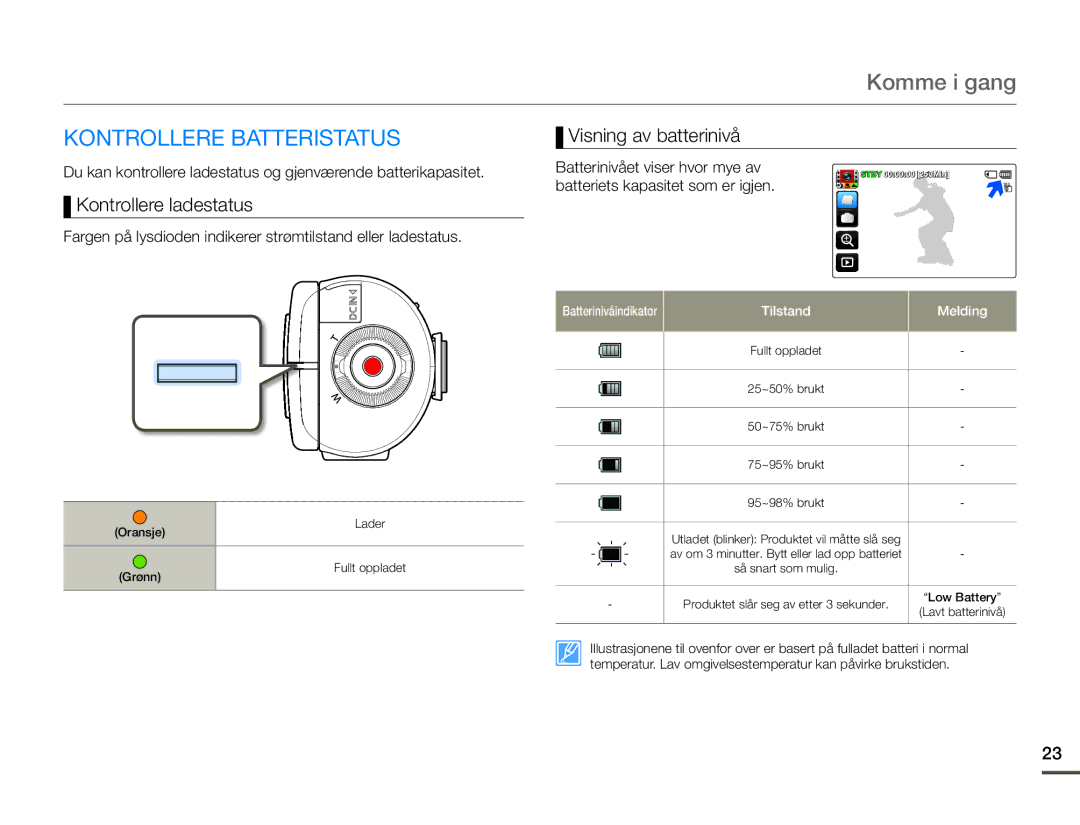 Samsung HMX-Q10BP/EDC, HMX-Q10TP/EDC manual Kontrollere Batteristatus, Kontrollere ladestatus, Visning av batterinivå 