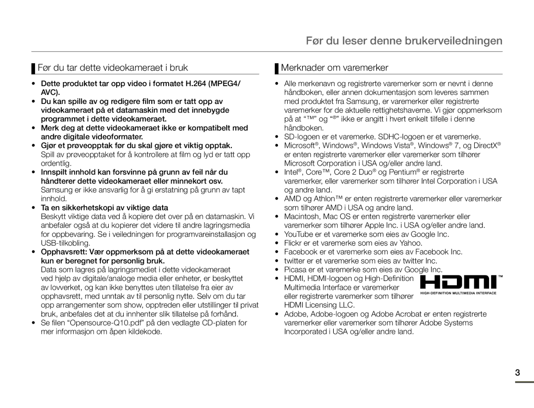 Samsung HMX-Q10TP/EDC, HMX-Q10PP/EDC manual Før du leser denne brukerveiledningen, Før du tar dette videokameraet i bruk 