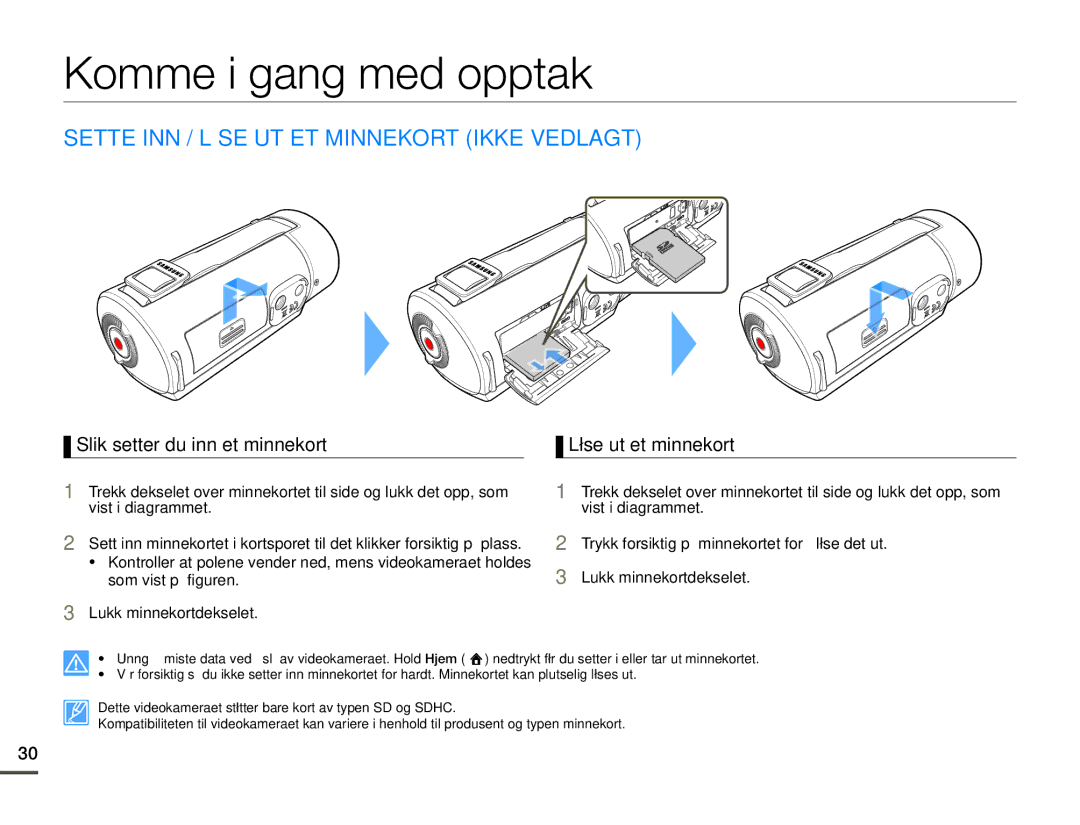 Samsung HMX-Q10TP/EDC manual Komme i gang med opptak, Sette INN / Løse UT ET Minnekort Ikke Vedlagt, Løse ut et minnekort 