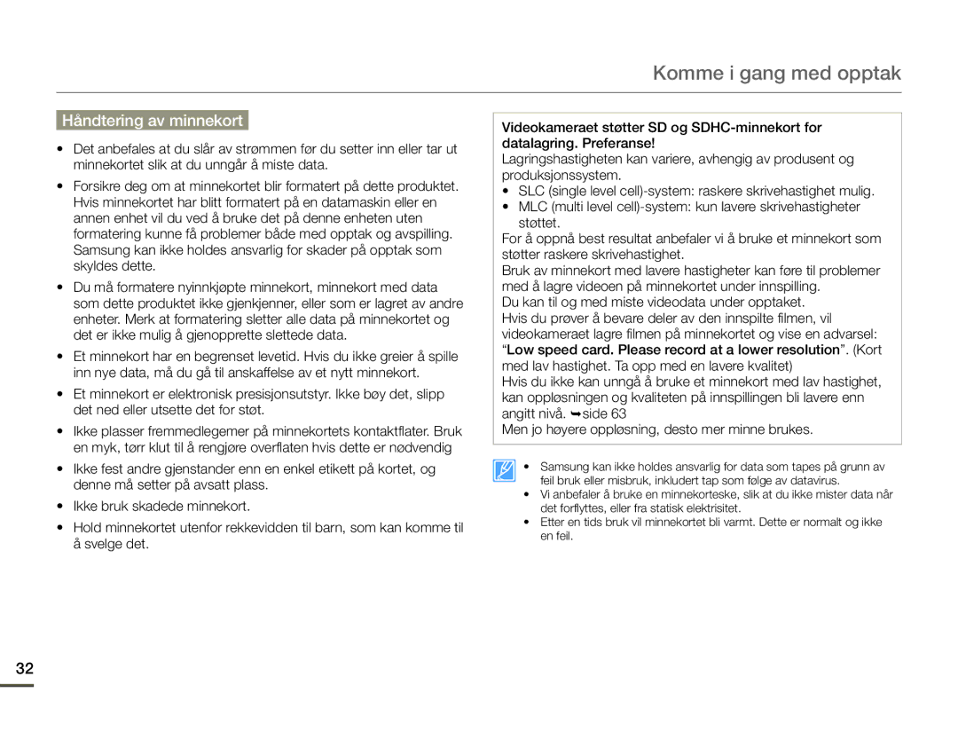 Samsung HMX-Q10BP/EDC, HMX-Q10TP/EDC, HMX-Q10PP/EDC manual Håndtering av minnekort 