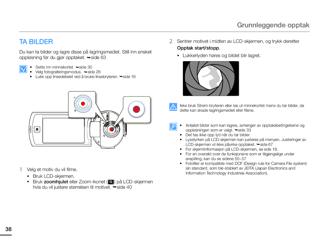 Samsung HMX-Q10BP/EDC manual TA Bilder, Sentrer motivet i midten av LCD-skjermen, og trykk deretter, Opptak start/stopp 