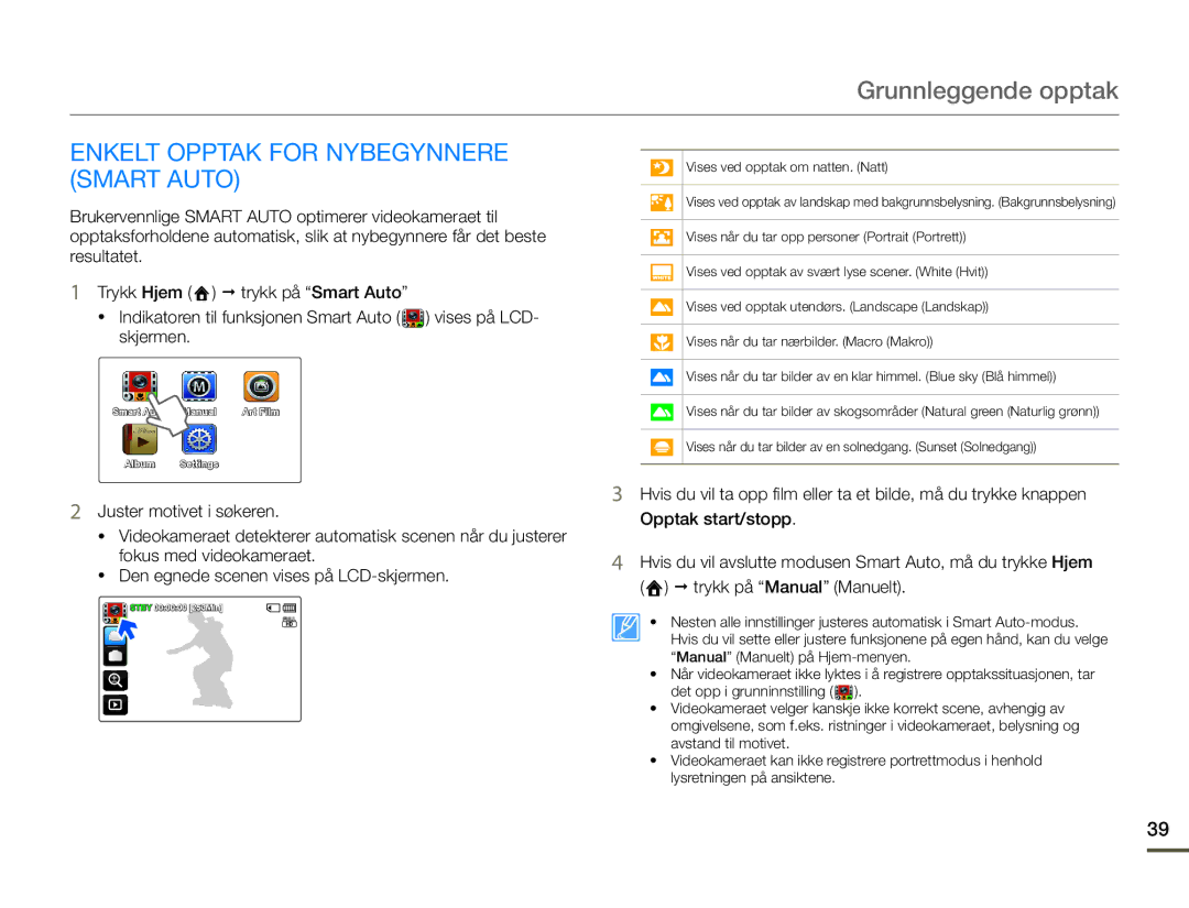 Samsung HMX-Q10TP/EDC, HMX-Q10PP/EDC, HMX-Q10BP/EDC manual Enkelt Opptak for Nybegynnere Smart Auto 