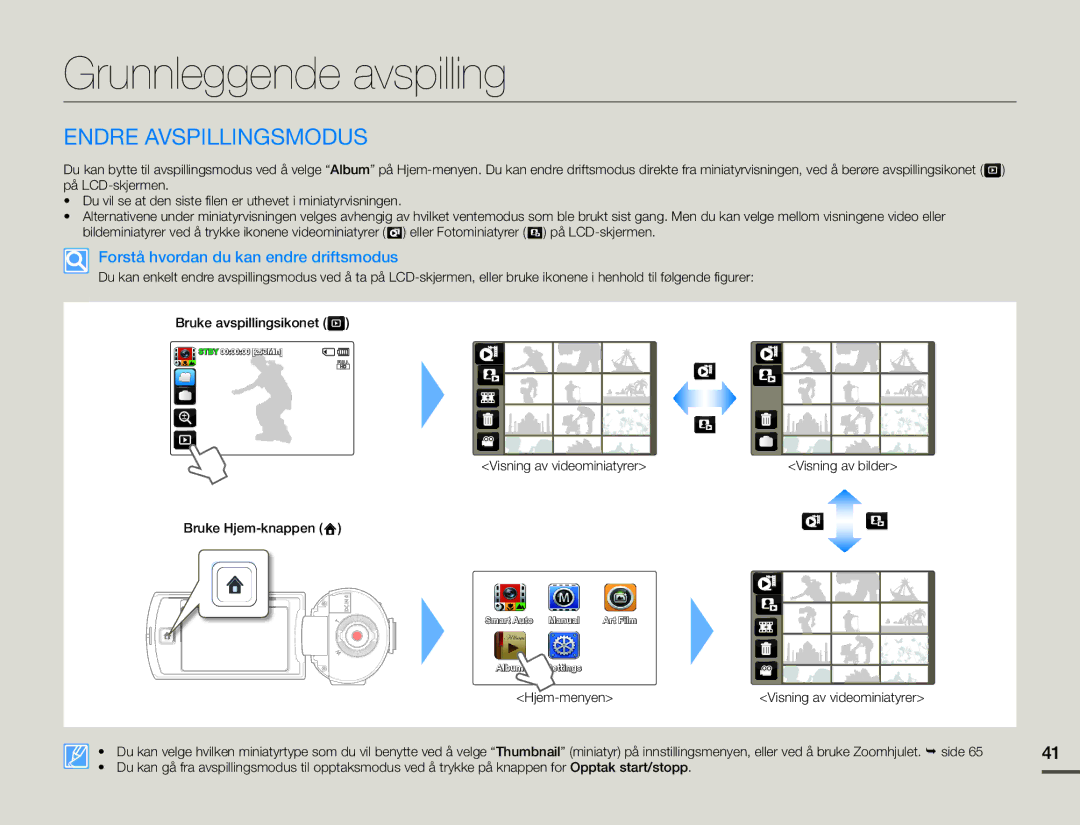 Samsung HMX-Q10BP/EDC manual Grunnleggende avspilling, Endre Avspillingsmodus, Forstå hvordan du kan endre driftsmodus 