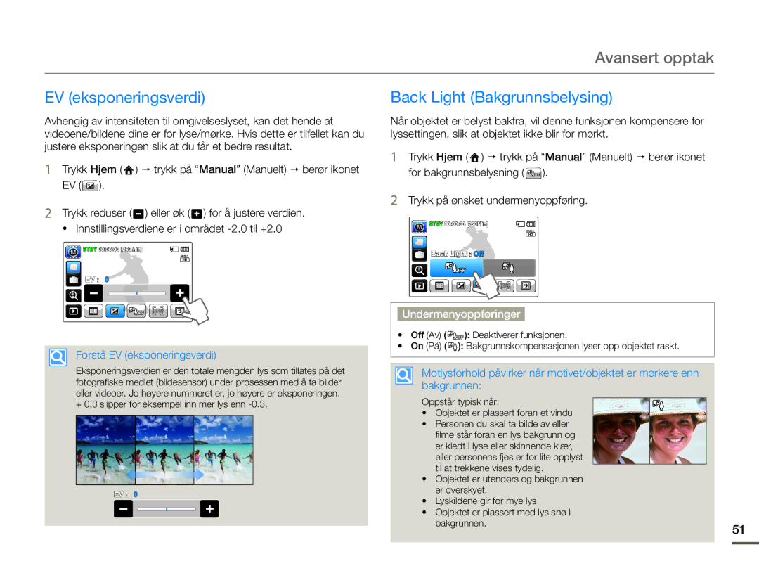 Samsung HMX-Q10TP/EDC, HMX-Q10PP/EDC manual Avansert opptak, Back Light Bakgrunnsbelysing, Forstå EV eksponeringsverdi 