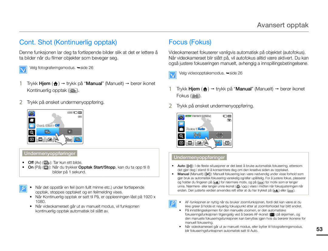 Samsung HMX-Q10BP/EDC, HMX-Q10TP/EDC, HMX-Q10PP/EDC manual Cont. Shot Kontinuerlig opptak, Focus Fokus 