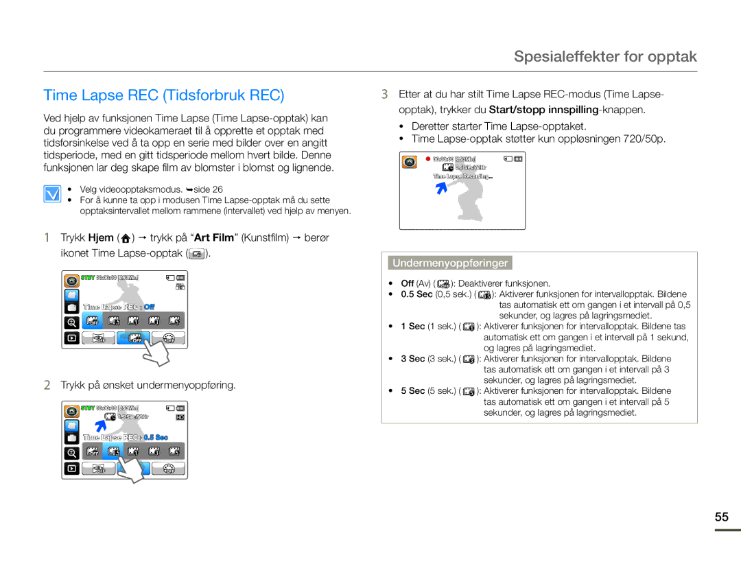 Samsung HMX-Q10PP/EDC, HMX-Q10TP/EDC, HMX-Q10BP/EDC manual Spesialeffekter for opptak, Time Lapse REC Tidsforbruk REC 