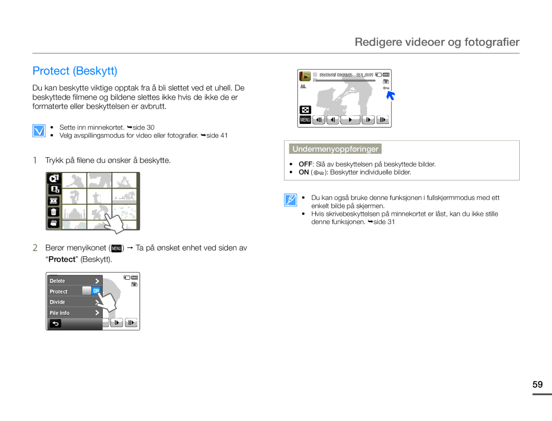 Samsung HMX-Q10BP/EDC, HMX-Q10TP/EDC, HMX-Q10PP/EDC manual Redigere videoer og fotografier, Protect Beskytt 
