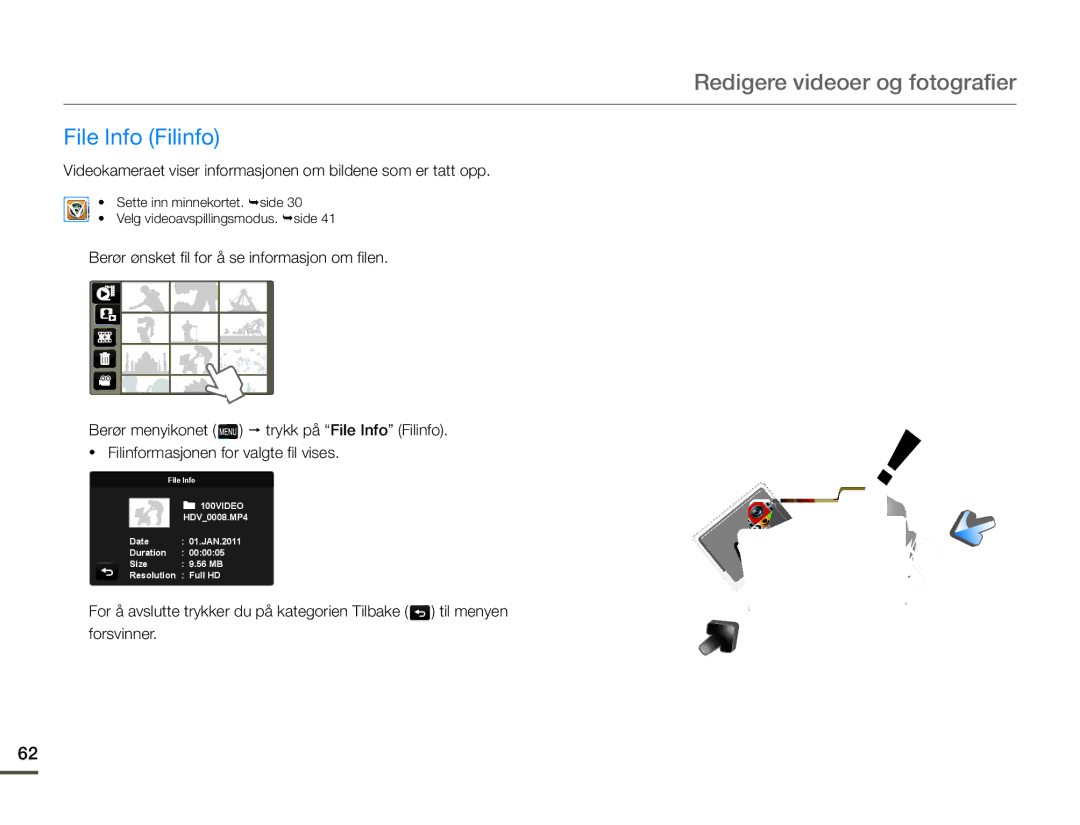 Samsung HMX-Q10BP/EDC, HMX-Q10TP/EDC manual File Info Filinfo, Videokameraet viser informasjonen om bildene som er tatt opp 