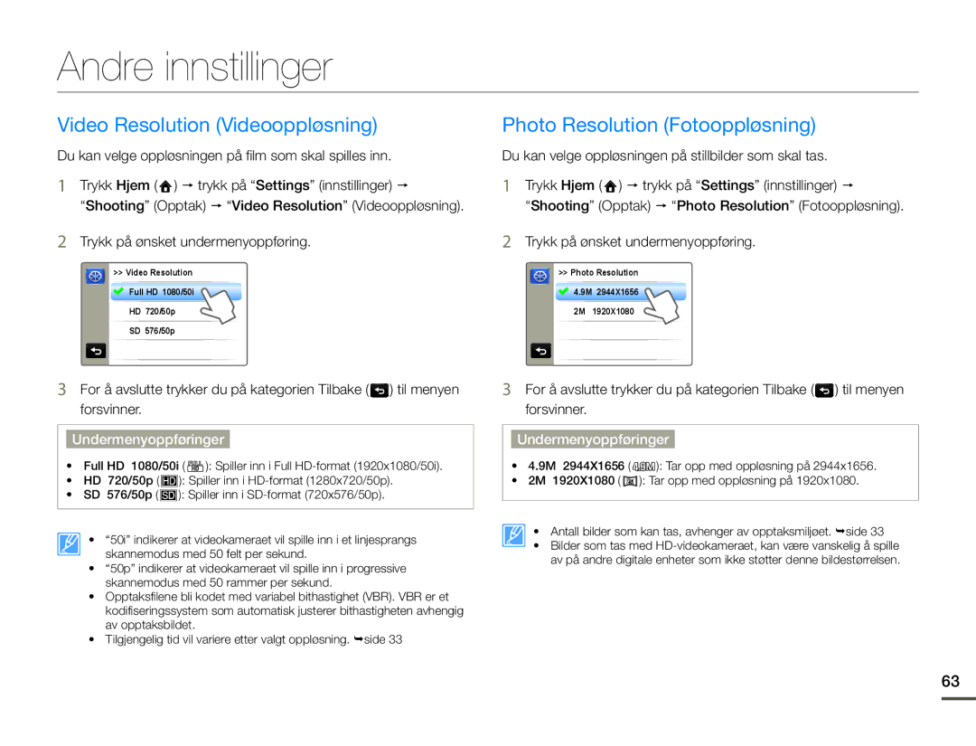 Samsung HMX-Q10TP/EDC, HMX-Q10PP/EDC, HMX-Q10BP/EDC manual Andre innstillinger, Trykk på ønsket undermenyoppføring 