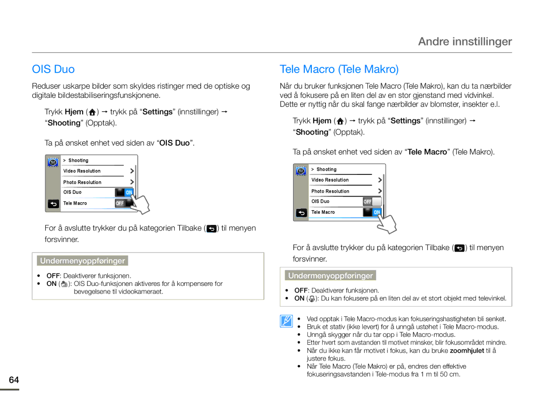 Samsung HMX-Q10PP/EDC, HMX-Q10TP/EDC, HMX-Q10BP/EDC manual Andre innstillinger, OIS Duo, Tele Macro Tele Makro 