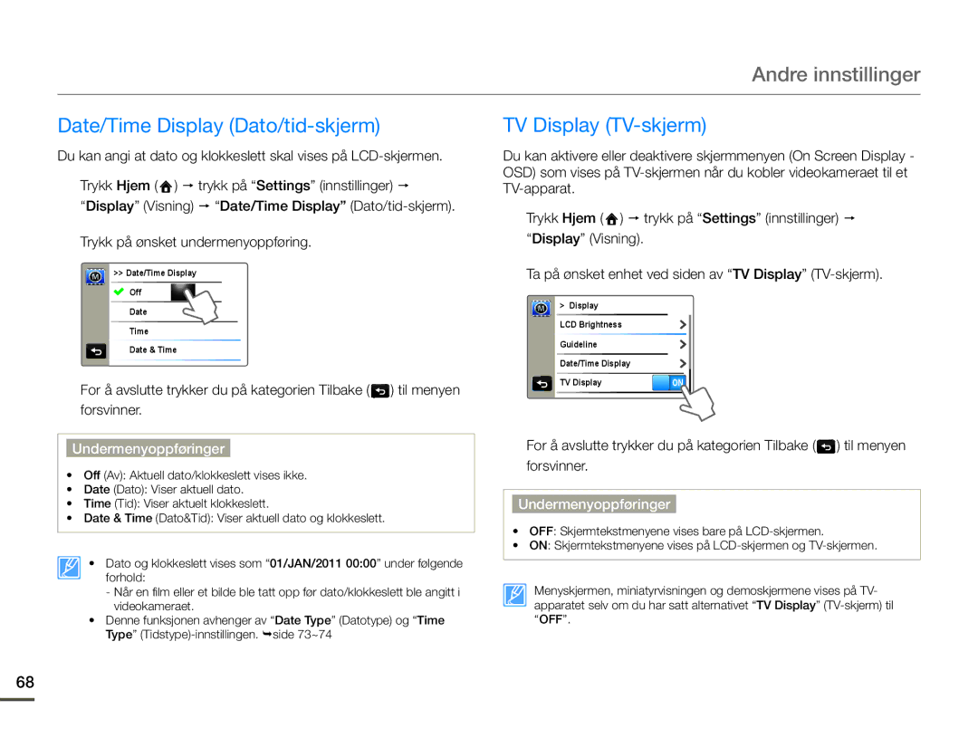 Samsung HMX-Q10BP/EDC, HMX-Q10TP/EDC, HMX-Q10PP/EDC manual Date/Time Display Dato/tid-skjerm, TV Display TV-skjerm 