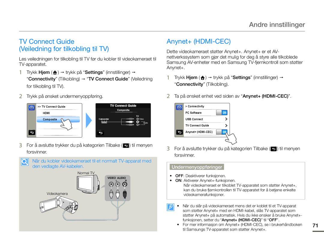 Samsung HMX-Q10BP/EDC, HMX-Q10TP/EDC, HMX-Q10PP/EDC TV Connect Guide Veiledning for tilkobling til TV, Anynet+ HDMI-CEC 