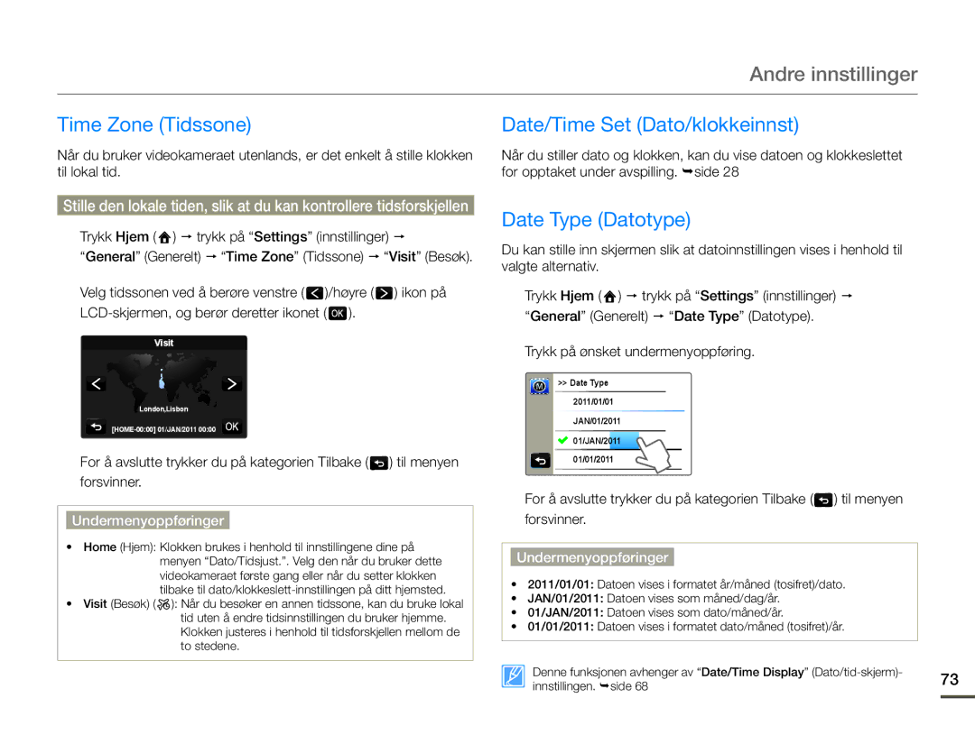 Samsung HMX-Q10PP/EDC, HMX-Q10TP/EDC, HMX-Q10BP/EDC Time Zone Tidssone, Date/Time Set Dato/klokkeinnst, Date Type Datotype 