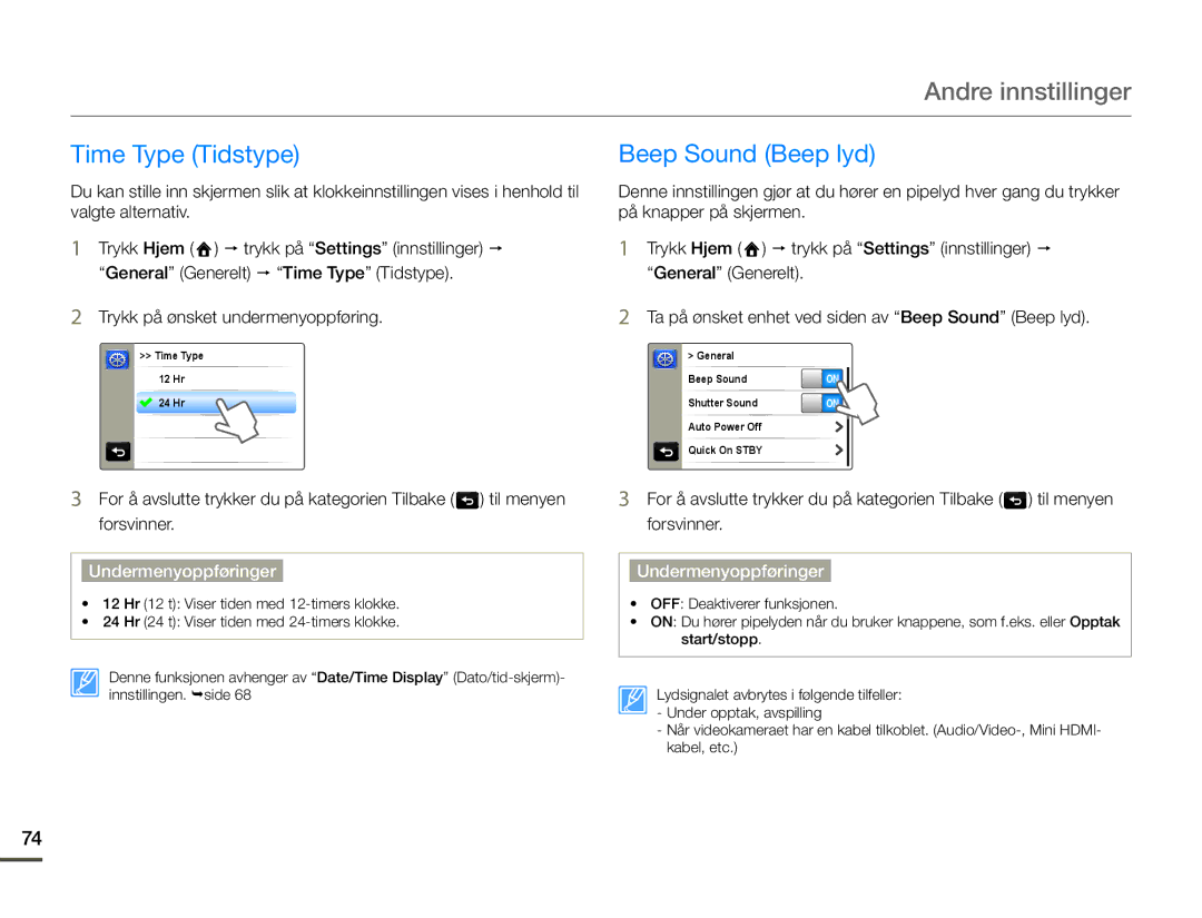 Samsung HMX-Q10BP/EDC, HMX-Q10TP/EDC, HMX-Q10PP/EDC manual Time Type Tidstype, Beep Sound Beep lyd 