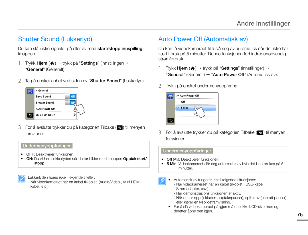 Samsung HMX-Q10TP/EDC, HMX-Q10PP/EDC, HMX-Q10BP/EDC manual Shutter Sound Lukkerlyd, Auto Power Off Automatisk av 