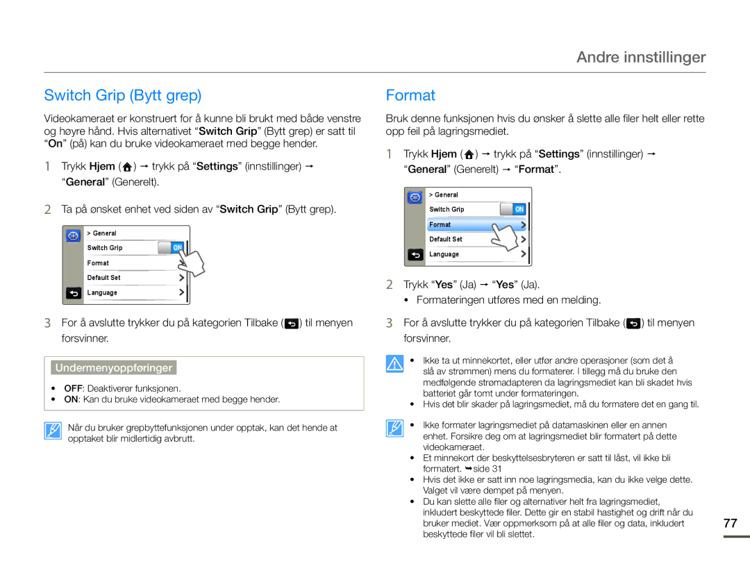 Samsung HMX-Q10BP/EDC, HMX-Q10TP/EDC, HMX-Q10PP/EDC manual Switch Grip Bytt grep Format 