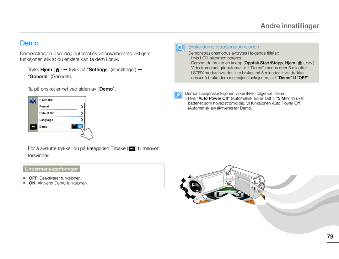 Samsung HMX-Q10PP/EDC, HMX-Q10TP/EDC, HMX-Q10BP/EDC manual Demo, Bruke demonstrasjonsfunksjonen 