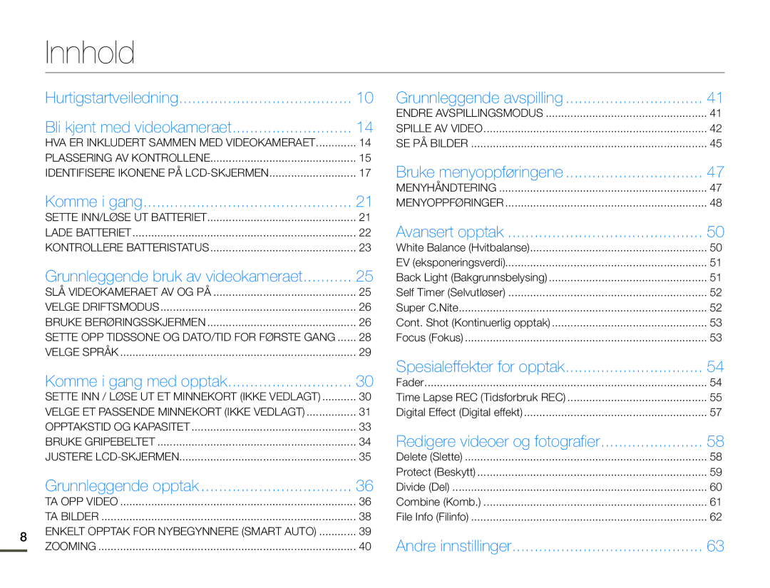 Samsung HMX-Q10BP/EDC, HMX-Q10TP/EDC, HMX-Q10PP/EDC manual Innhold, Hurtigstartveiledning Bli kjent med videokameraet 