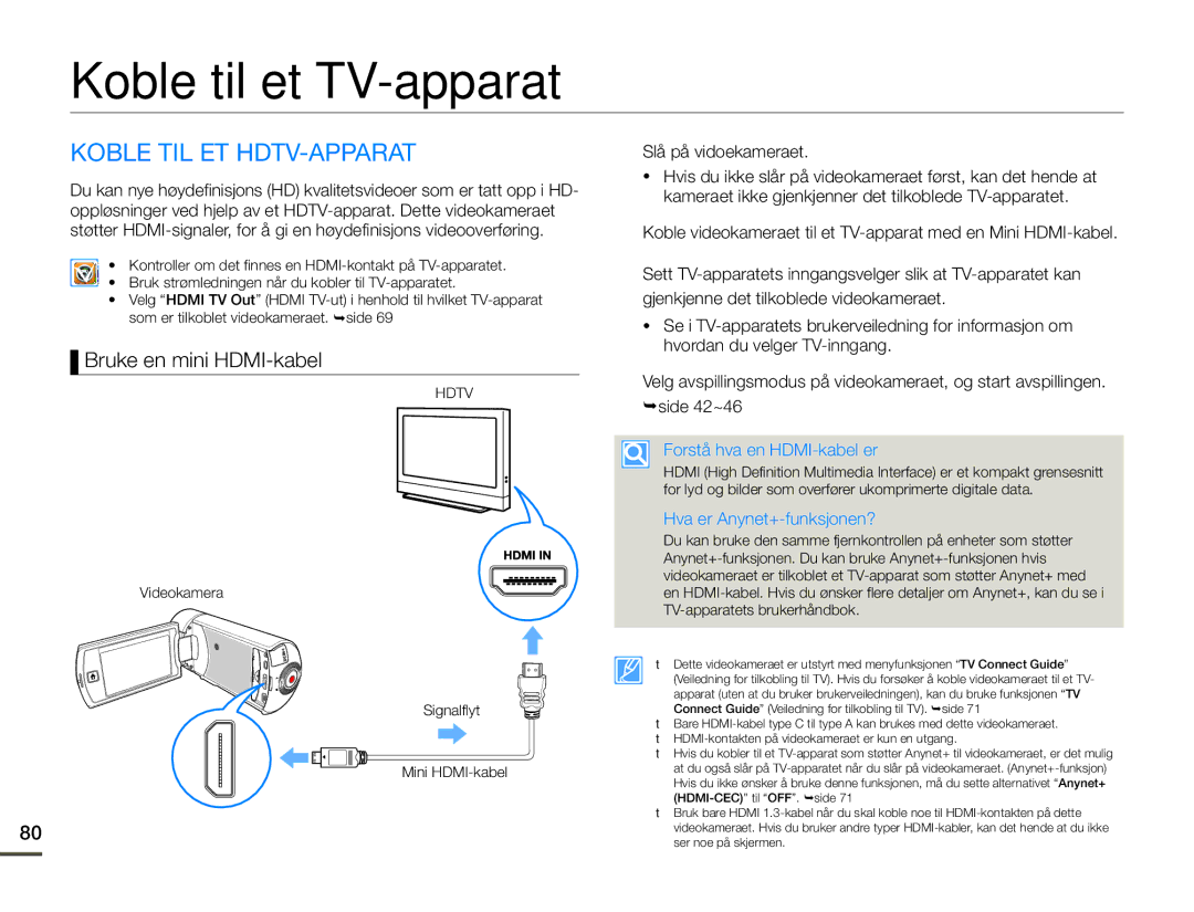 Samsung HMX-Q10BP/EDC, HMX-Q10TP/EDC manual Koble til et TV-apparat, Koble TIL ET HDTV-APPARAT, Bruke en mini HDMI-kabel 