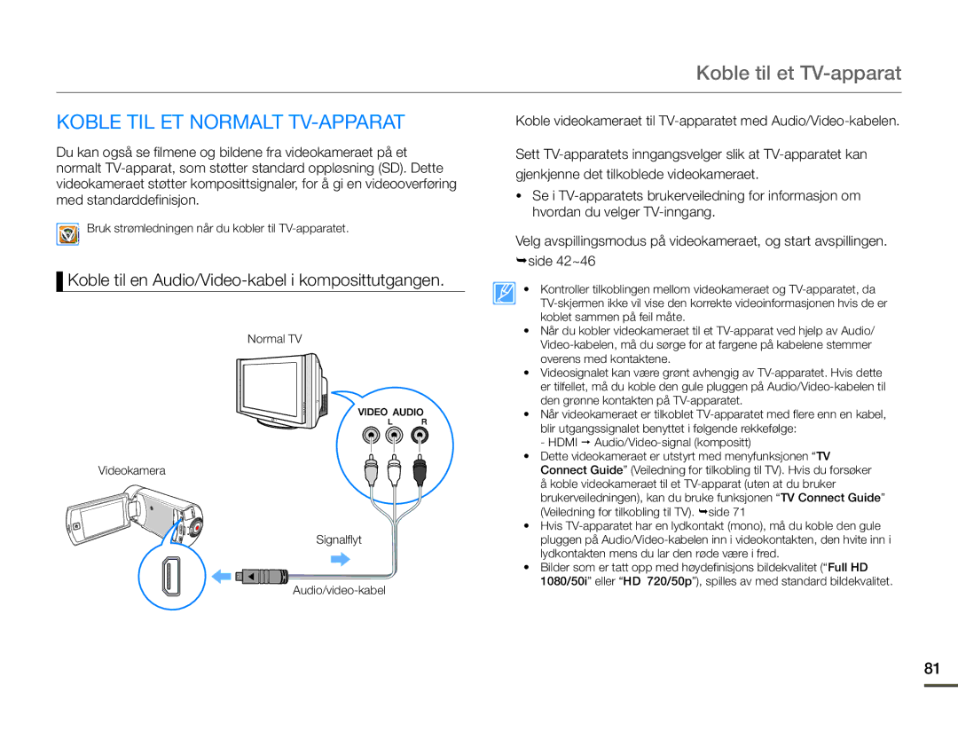 Samsung HMX-Q10TP/EDC, HMX-Q10PP/EDC, HMX-Q10BP/EDC manual Koble til et TV-apparat, Koble TIL ET Normalt TV-APPARAT 