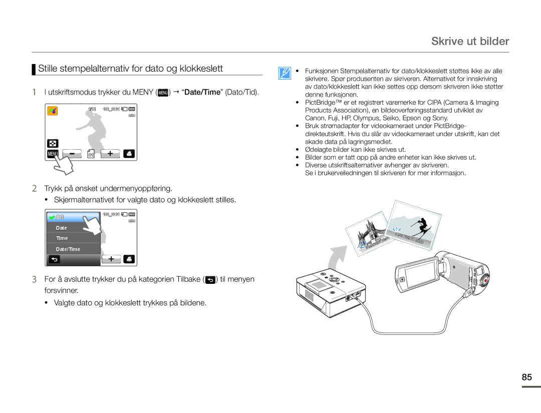 Samsung HMX-Q10PP/EDC, HMX-Q10TP/EDC, HMX-Q10BP/EDC manual Skrive ut bilder, Stille stempelalternativ for dato og klokkeslett 