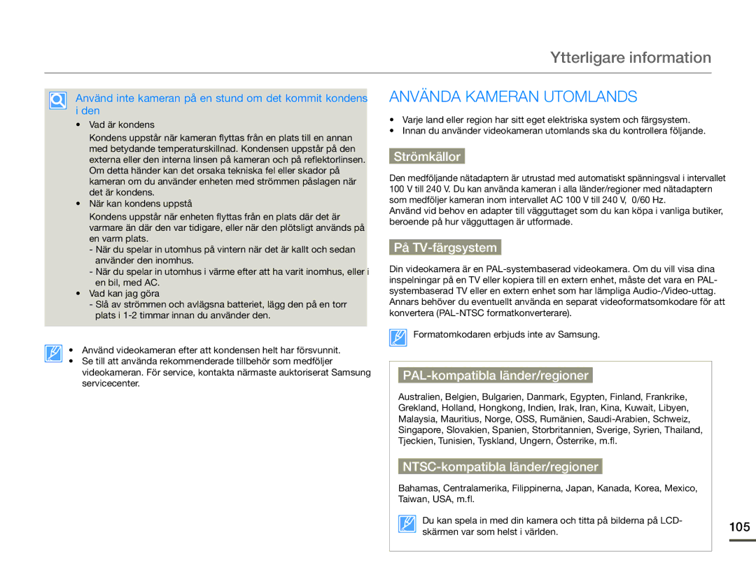 Samsung HMX-Q10TP/EDC, HMX-Q10PP/EDC, HMX-Q10BP/EDC manual Ytterligare information, Använda Kameran Utomlands 