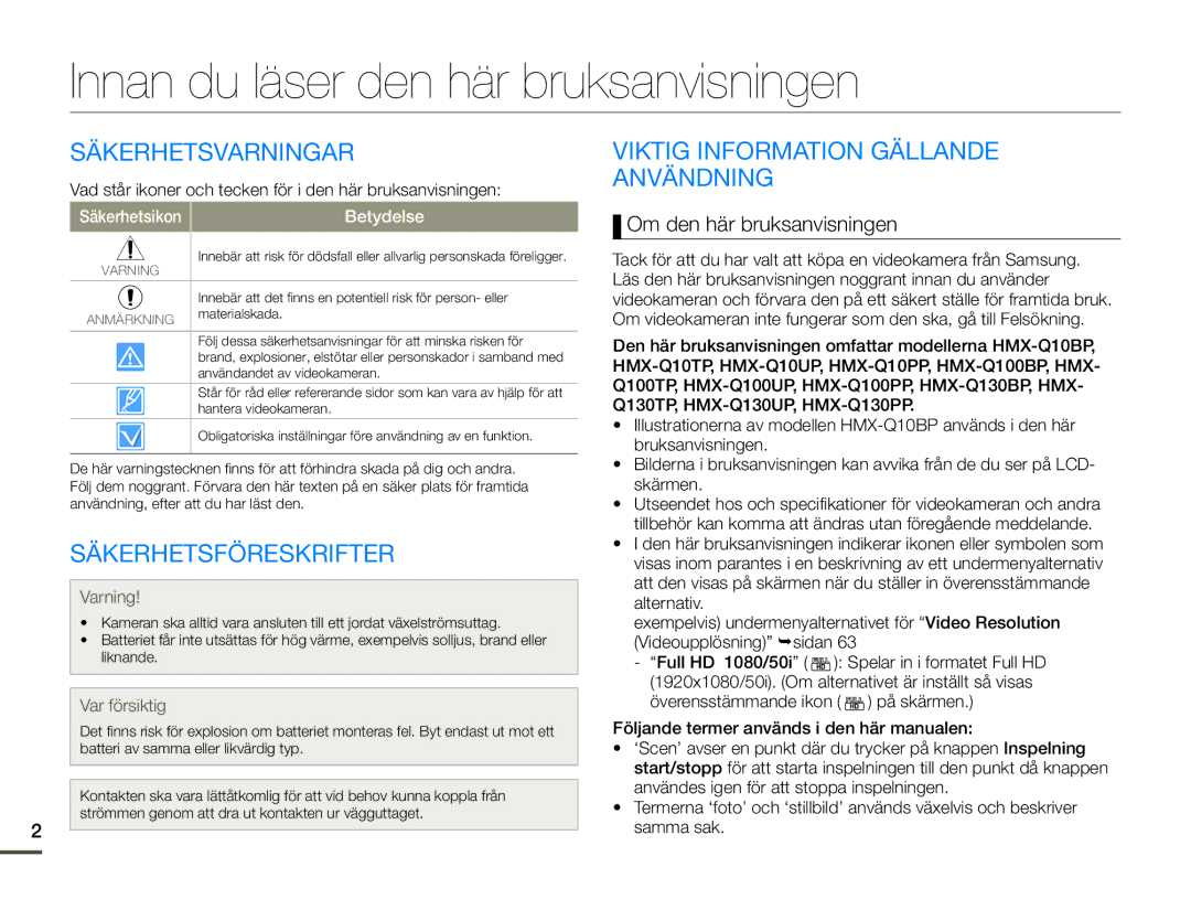 Samsung HMX-Q10BP/EDC, HMX-Q10TP/EDC Innan du läser den här bruksanvisningen, Säkerhetsvarningar, Säkerhetsföreskrifter 