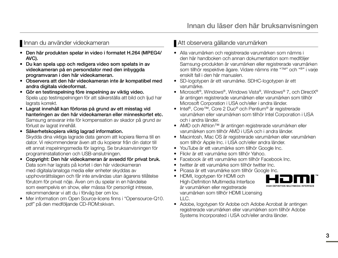 Samsung HMX-Q10TP/EDC, HMX-Q10PP/EDC, HMX-Q10BP/EDC Innan du läser den här bruksanvisningen, Innan du använder videokameran 