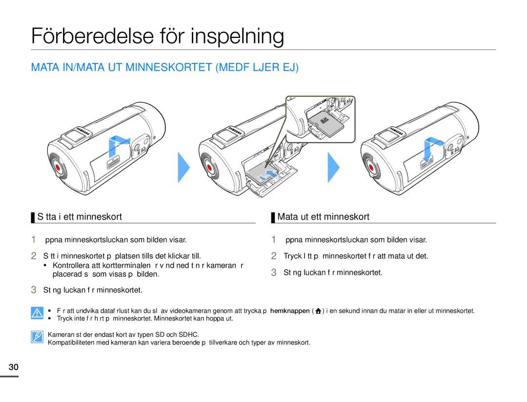 Samsung HMX-Q10TP/EDC manual Förberedelse för inspelning, Mata IN/MATA UT Minneskortet Medföljer EJ, Sätta i ett minneskort 