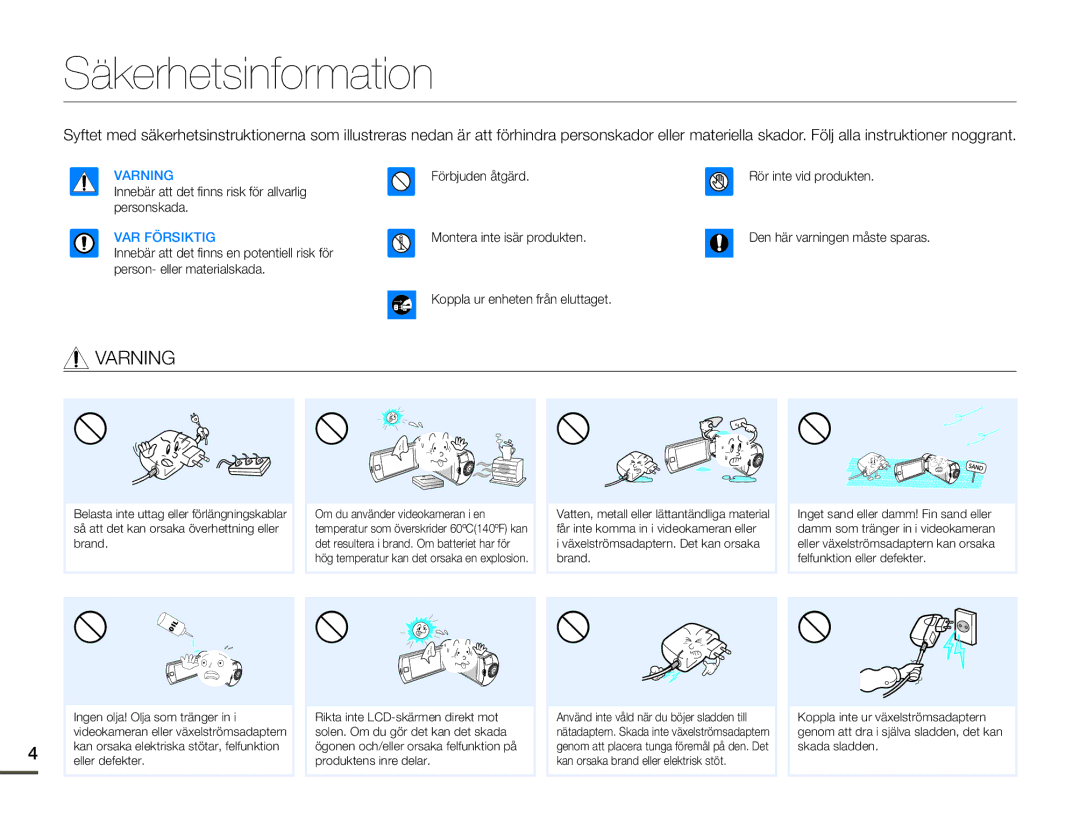 Samsung HMX-Q10PP/EDC, HMX-Q10TP/EDC, HMX-Q10BP/EDC manual Säkerhetsinformation, Varning 