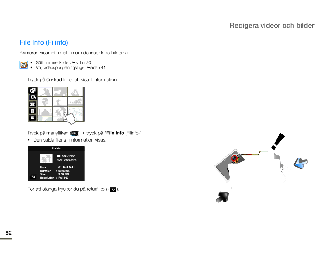 Samsung HMX-Q10BP/EDC, HMX-Q10TP/EDC, HMX-Q10PP/EDC File Info Filinfo, Kameran visar information om de inspelade bilderna 