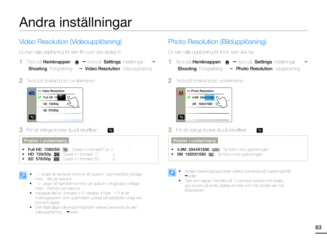 Samsung HMX-Q10TP/EDC, HMX-Q10PP/EDC manual Andra inställningar, Du kan välja upplösning för den film som ska spelas 