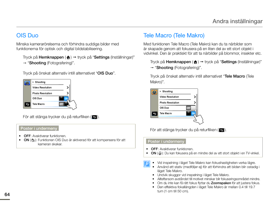 Samsung HMX-Q10PP/EDC, HMX-Q10TP/EDC, HMX-Q10BP/EDC manual Andra inställningar, OIS Duo, Tele Macro Tele Makro 