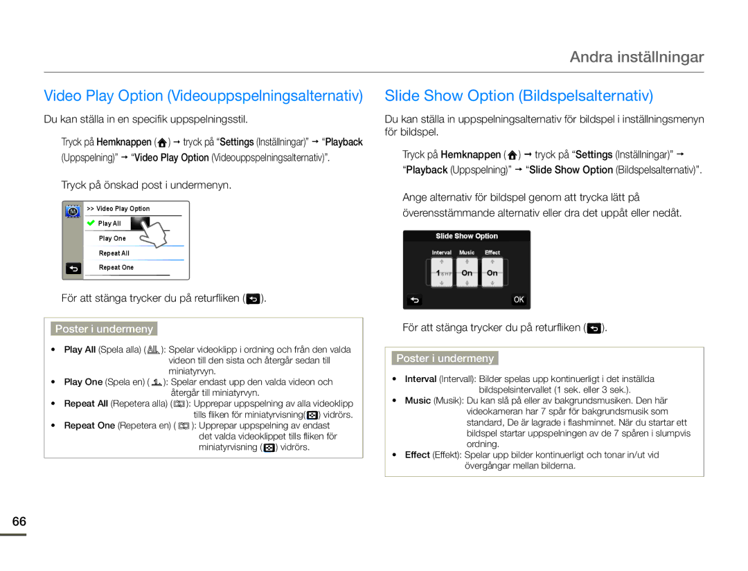 Samsung HMX-Q10TP/EDC, HMX-Q10PP/EDC Video Play Option Videouppspelningsalternativ, Slide Show Option Bildspelsalternativ 