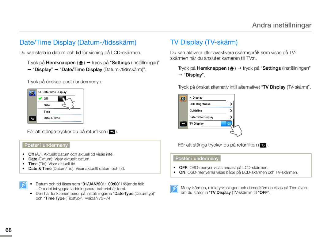 Samsung HMX-Q10BP/EDC, HMX-Q10TP/EDC, HMX-Q10PP/EDC manual Date/Time Display Datum-/tidsskärm, TV Display TV-skärm 