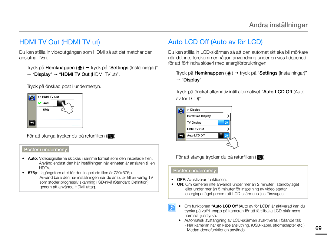 Samsung HMX-Q10TP/EDC, HMX-Q10PP/EDC, HMX-Q10BP/EDC manual Hdmi TV Out Hdmi TV ut Auto LCD Off Auto av för LCD 