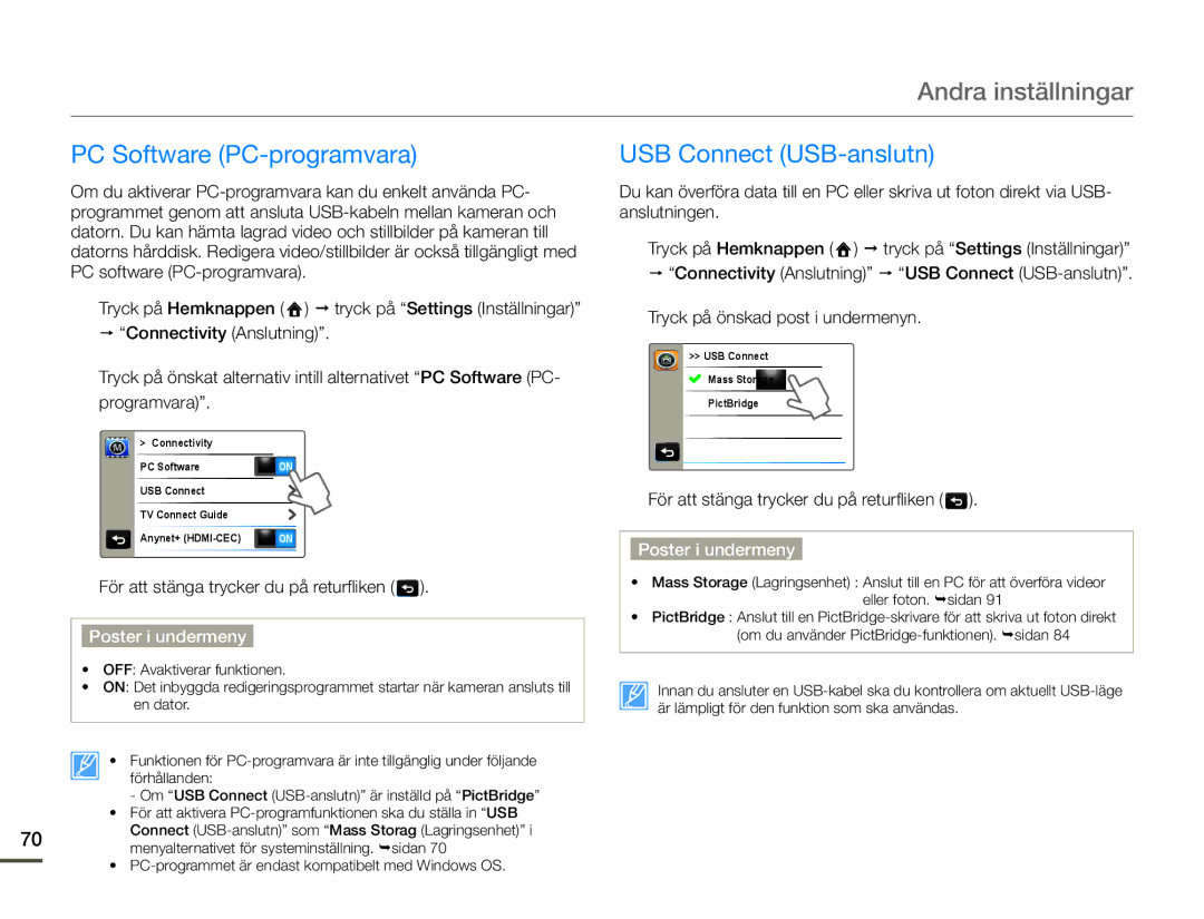 Samsung HMX-Q10PP/EDC, HMX-Q10TP/EDC, HMX-Q10BP/EDC manual PC Software PC-programvara USB Connect USB-anslutn 