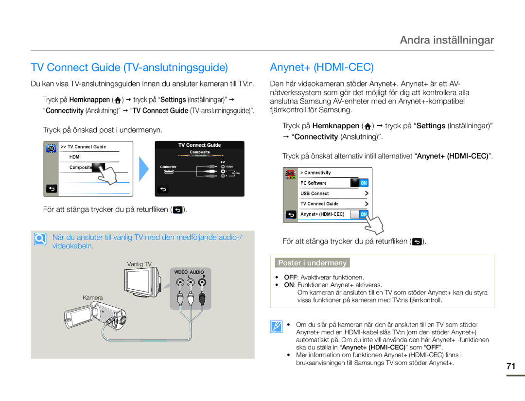 Samsung HMX-Q10BP/EDC, HMX-Q10TP/EDC, HMX-Q10PP/EDC manual TV Connect Guide TV-anslutningsguide Anynet+ HDMI-CEC 