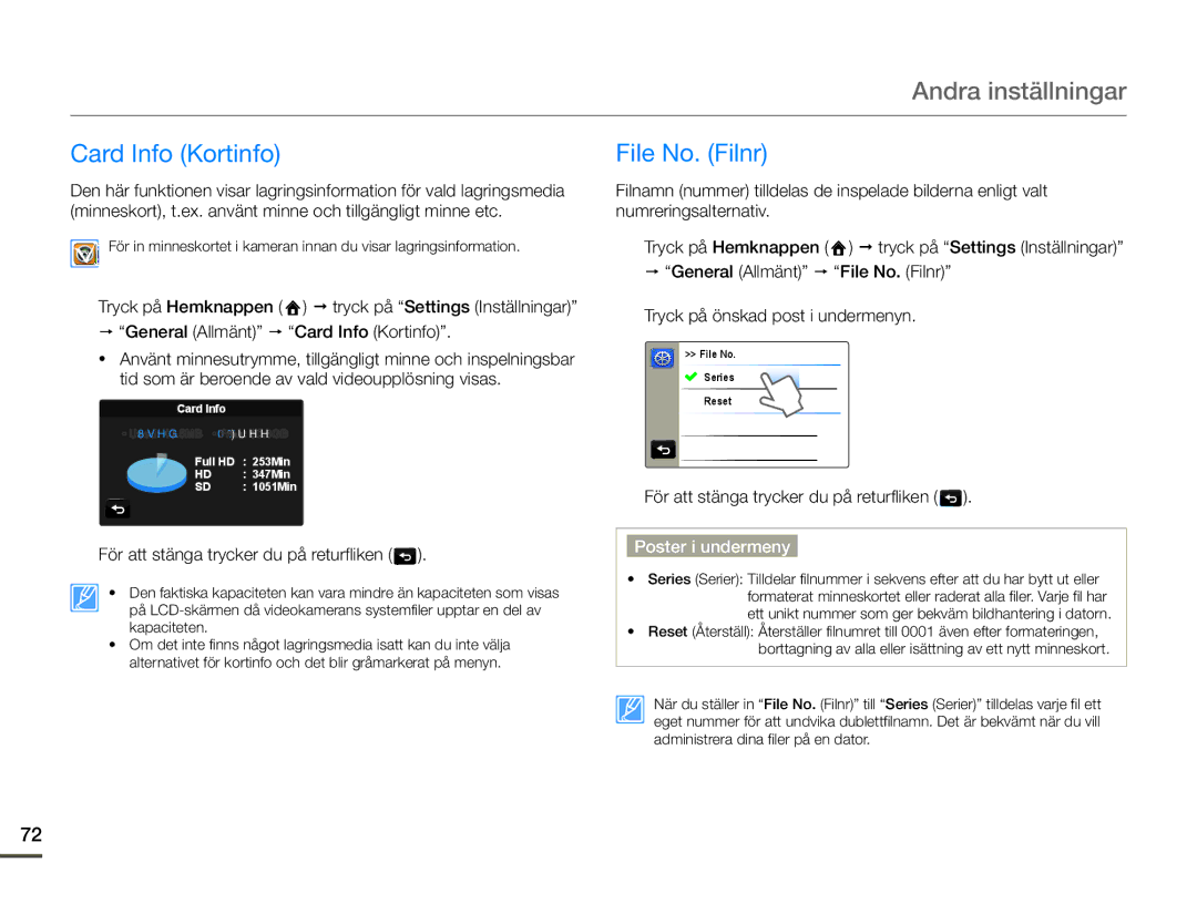 Samsung HMX-Q10TP/EDC, HMX-Q10PP/EDC, HMX-Q10BP/EDC manual Card Info Kortinfo, File No. Filnr 