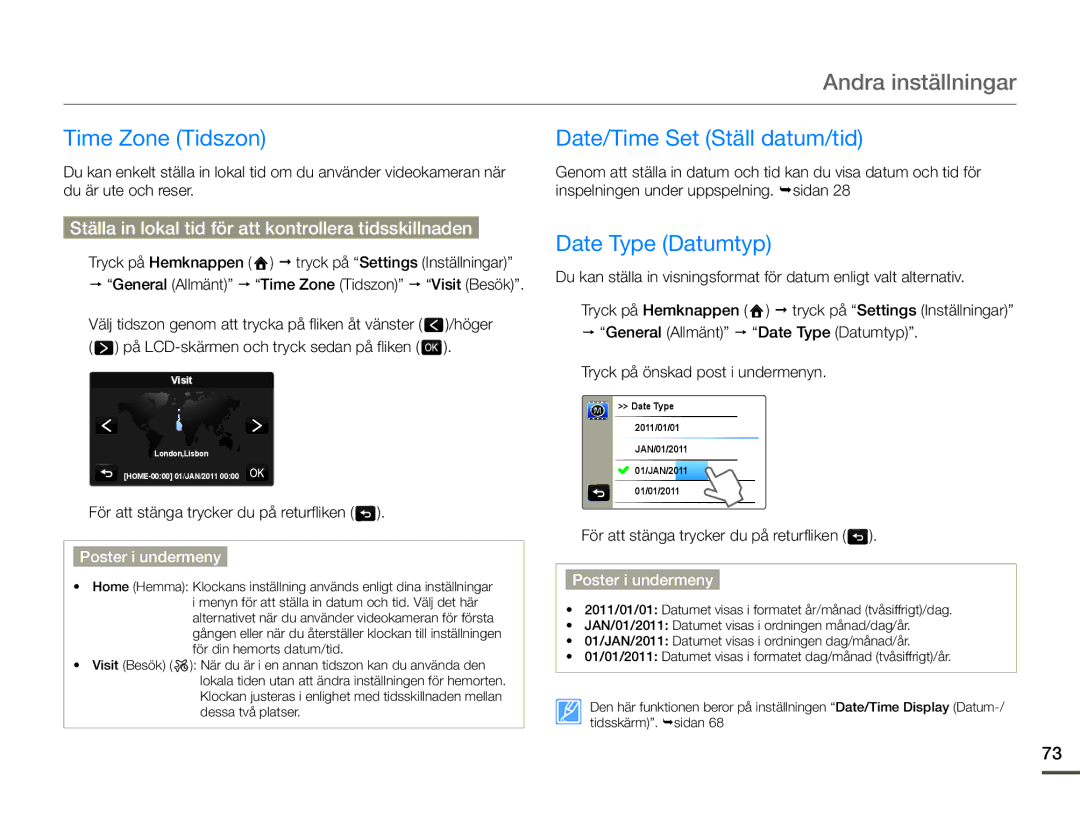 Samsung HMX-Q10PP/EDC, HMX-Q10TP/EDC, HMX-Q10BP/EDC Time Zone Tidszon, Date/Time Set Ställ datum/tid, Date Type Datumtyp 