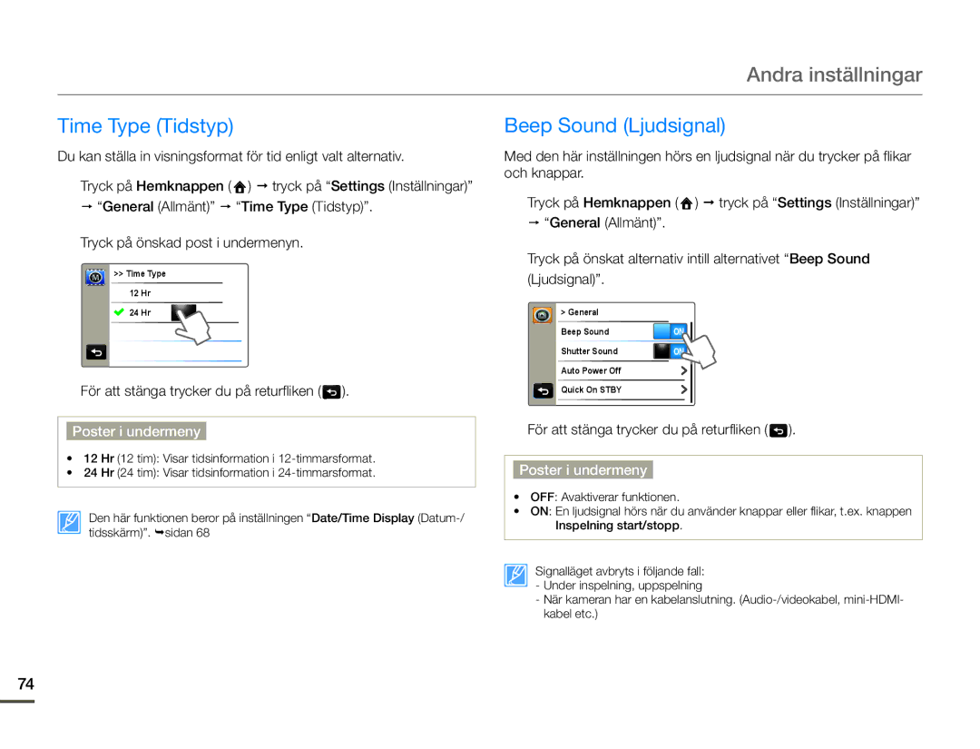 Samsung HMX-Q10BP/EDC, HMX-Q10TP/EDC, HMX-Q10PP/EDC manual Time Type Tidstyp, Beep Sound Ljudsignal 