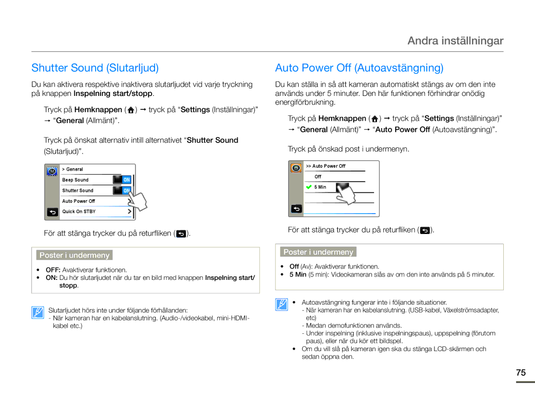 Samsung HMX-Q10TP/EDC, HMX-Q10PP/EDC, HMX-Q10BP/EDC manual Shutter Sound Slutarljud, Auto Power Off Autoavstängning 