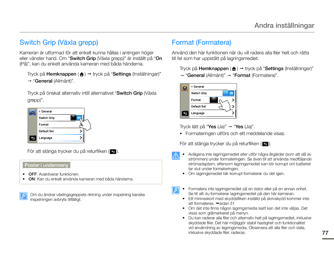 Samsung HMX-Q10BP/EDC, HMX-Q10TP/EDC, HMX-Q10PP/EDC manual Switch Grip Växla grepp Format Formatera 