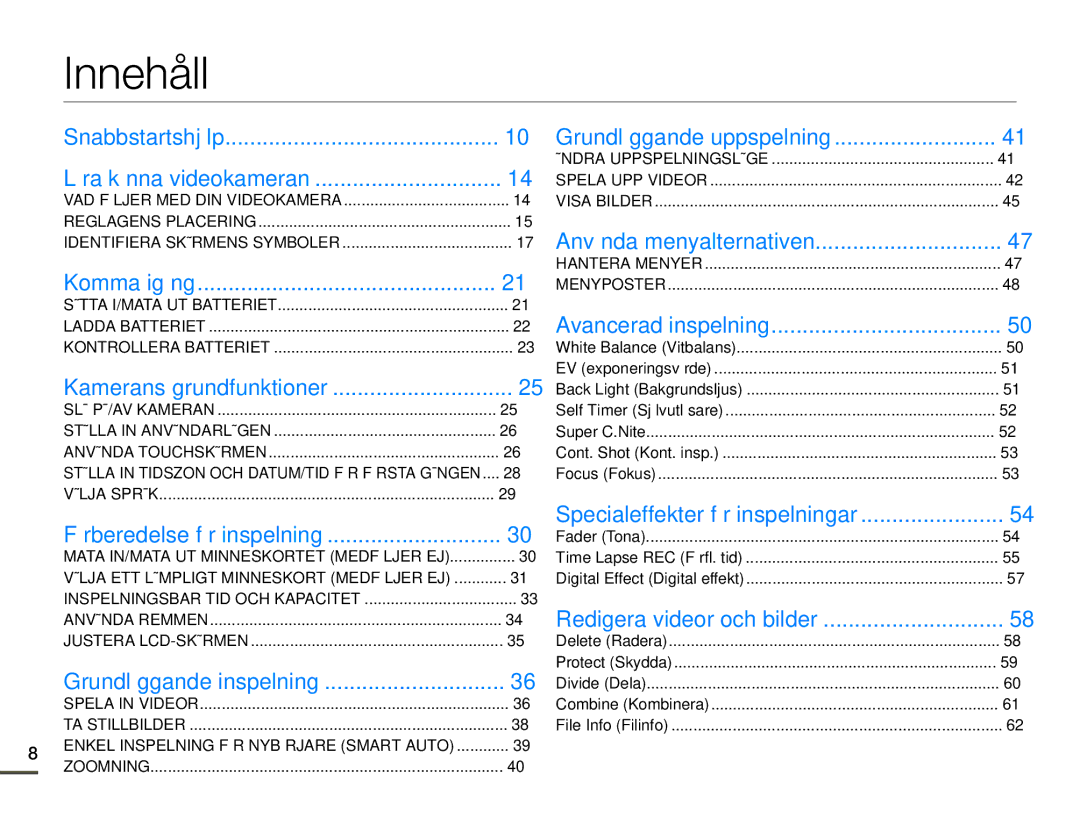 Samsung HMX-Q10BP/EDC, HMX-Q10TP/EDC, HMX-Q10PP/EDC manual Innehåll, Kamerans grundfunktioner 