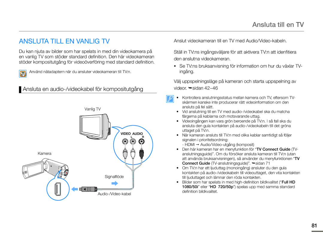 Samsung HMX-Q10TP/EDC manual Ansluta till en TV, Ansluta Till EN Vanlig TV, Ansluta en audio-/videokabel för kompositutgång 